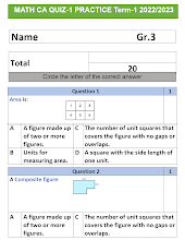 أوراق عمل QUIZ-1 الرياضيات الصف 3 منهج انجليزي الفصل 2