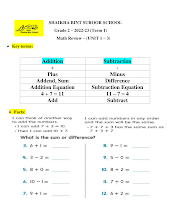 أوراق عمل Review Unit 1 الرياضيات منهج انجليزي الصف 2 الفصل 1